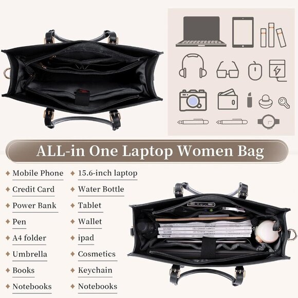 Laptop Bag for Women Black Waterproof Leather Work Bag for Office & Travel - Picture 3 of 7
